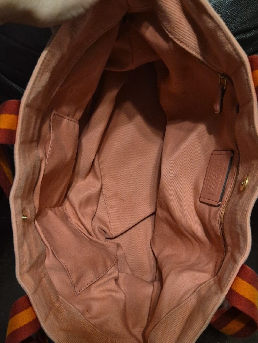 Coach Pink Canvas Tote with Striped Orange-Burgundy Handles - Picture 9 of 10